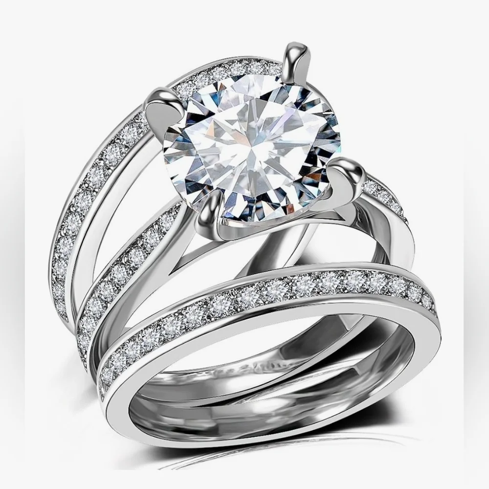 3.7ct Large Round AAA CZ 3pc Gold Plated/Rhodium Engagement Wedding Ring Set - Picture 2 of 6